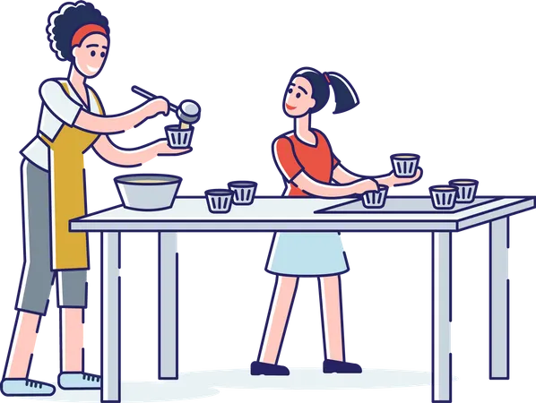 Mother and daughter cooking together  Illustration