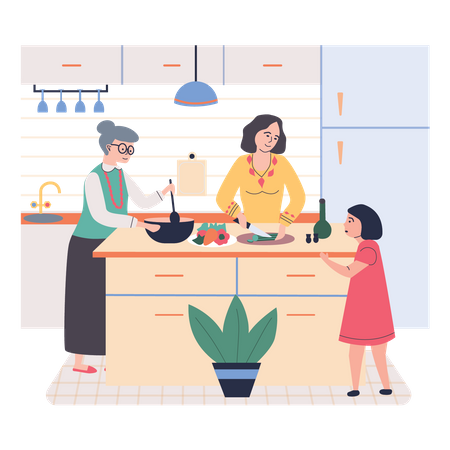 Mother and daughter cooking together  Illustration