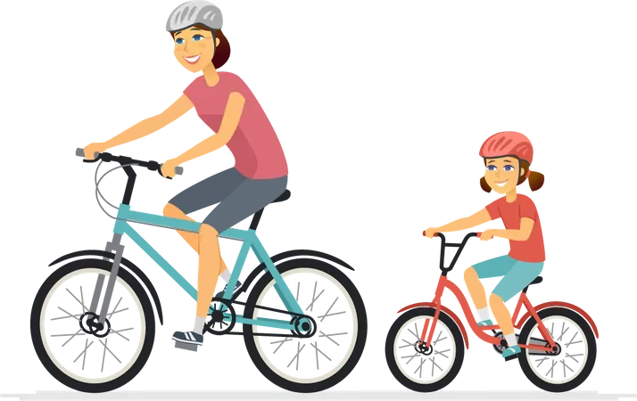 Mother and daughter cycling Illustration