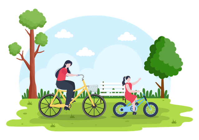 Mother and daughter cycling in park Illustration