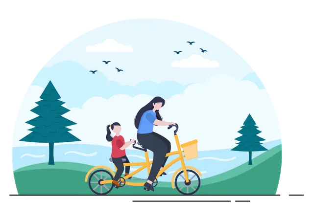 Mother and daughter cycling in park Illustration