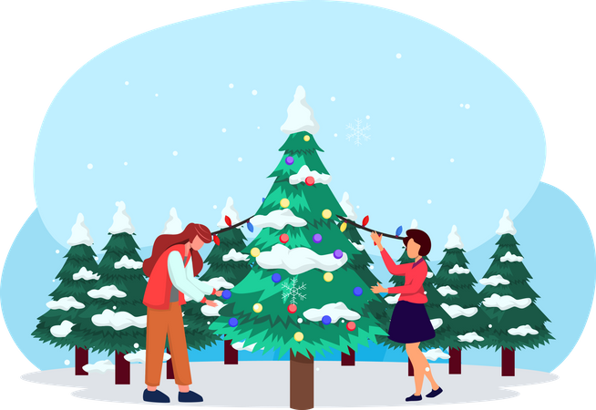 Mother and daughter decorating Christmas tree  Illustration