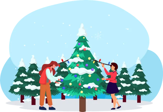 Mother and daughter decorating Christmas tree  Illustration