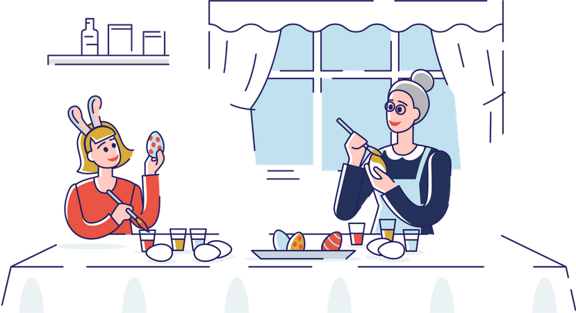 Mother and daughter decorating easter egg together  イラスト