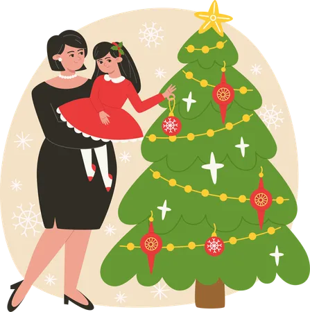 Mother And Daughter Decorating The Christmas Tree Illustration In Flat Style Illustration