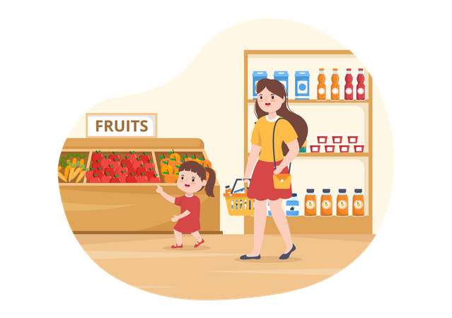 Mother and daughter doing grocery shopping  Illustration