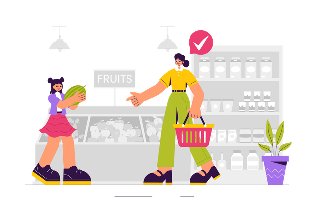 Mother and daughter doing Grocery Shopping  Illustration