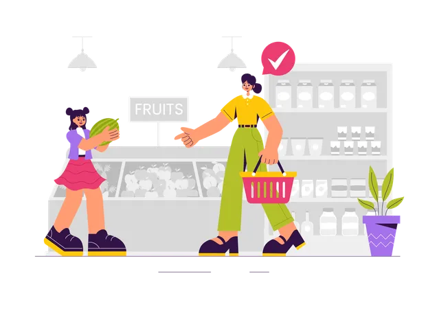 Mother and daughter doing Grocery Shopping  Illustration