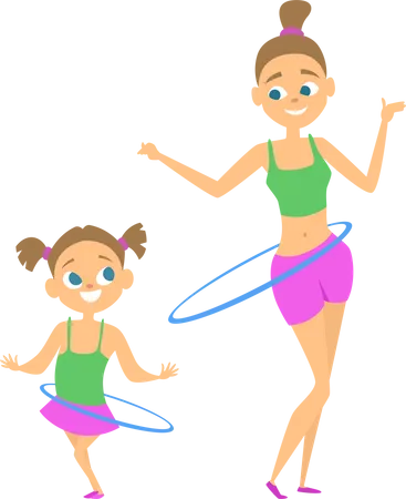 Mother and daughter doing hula hoop Illustration