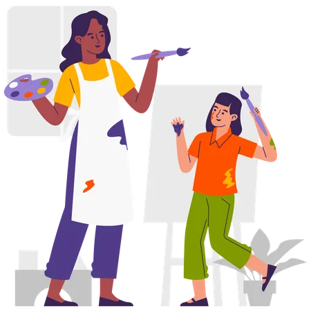 Mother and daughter doing Painting  Illustration