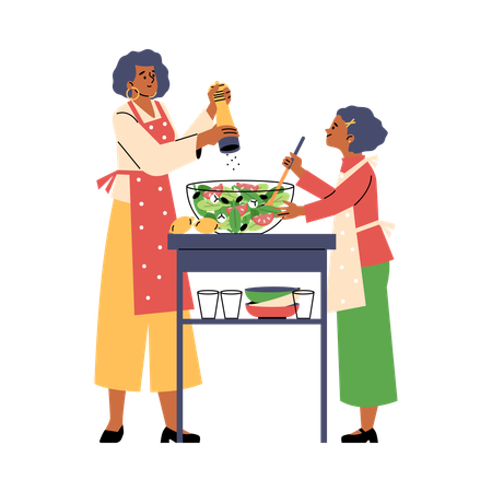 Mother and daughter dressed in aprons having fun cooking salad together  Illustration