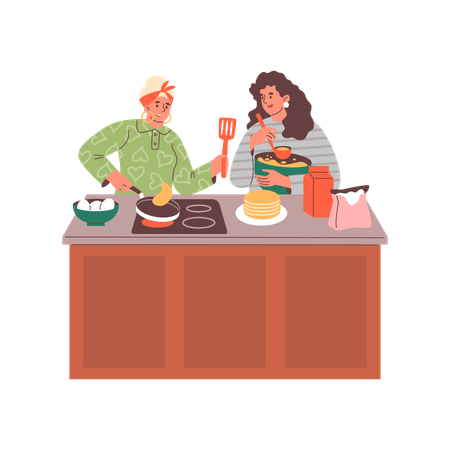 Mother and daughter eat pancakes together  Illustration