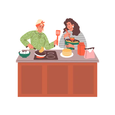 Mother and daughter eat pancakes together  Illustration