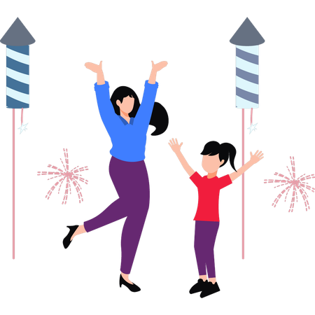 Mother And Daughter Enjoying Fireworks Festival  Illustration