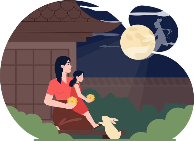 Mother and daughter enjoying full moon  Illustration