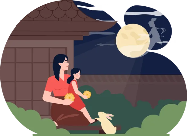 Mother and daughter enjoying full moon  Illustration