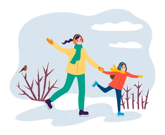 Mother and daughter enjoying ice skating  Illustration