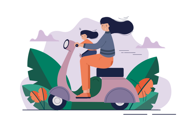 Mother and daughter enjoying scooter ride  Illustration