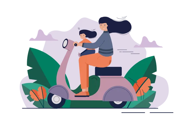 Mother and daughter enjoying scooter ride  Illustration