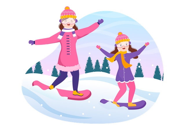 Mother and daughter enjoying snow gliding Illustration