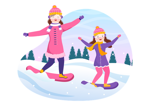 Mother and daughter enjoying snow gliding  Illustration