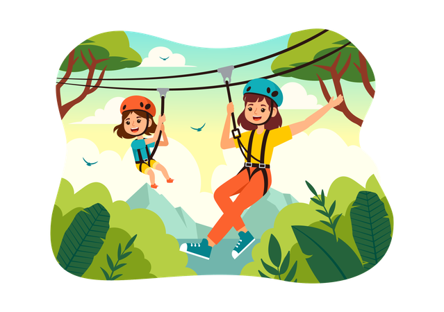 Mother and Daughter Enjoying Zip Line  Illustration