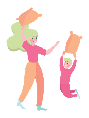 Mother and daughter fighting with pillow Illustration