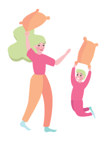 Mother and daughter fighting with pillow  Illustration