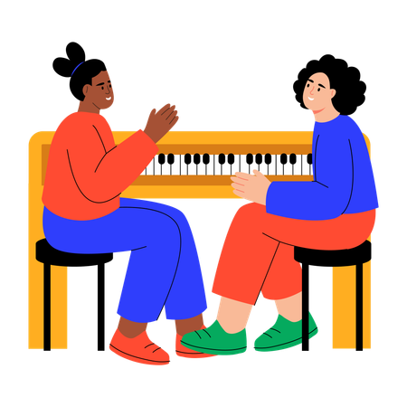 Mother and daughter having piano duet  Illustration