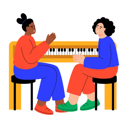Mother and daughter having piano duet  Illustration