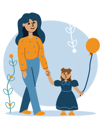 Mother and daughter holding balloon Illustration