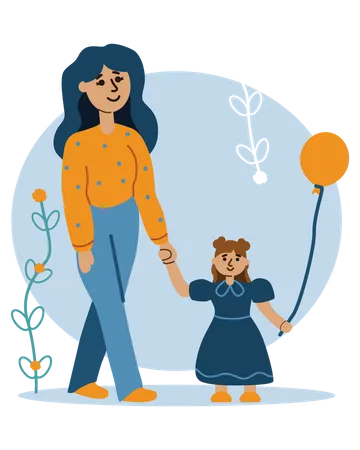 Mother and daughter holding balloon Illustration