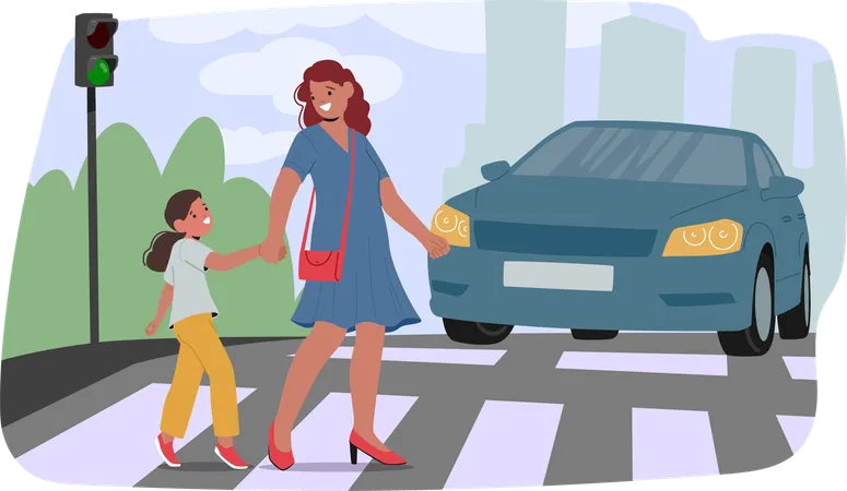 Mother And Daughter Holding Hands While Safely Crossing A Street At Zebra Crossing  Illustration