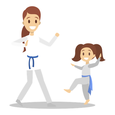 Mother and daughter in uniform training karate moves Illustration