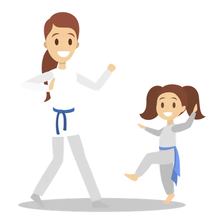 Mother and daughter in uniform training karate moves  Illustration