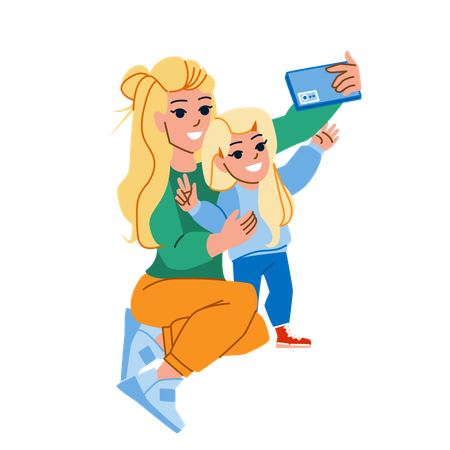 Mother and daughter is taking selfie  Illustration