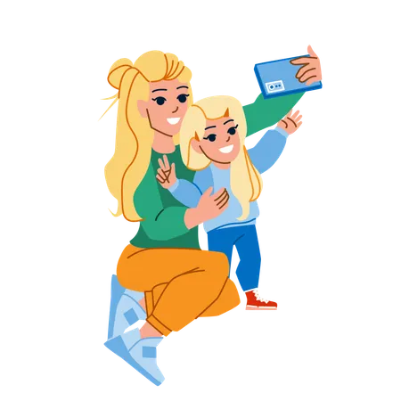 Mother Kid Daughter Selfie Vector Child Family Young Mom Kid Photo Woman Phone Mother Kid Daughter Selfie Character People Flat Cartoon Illustration Illustration
