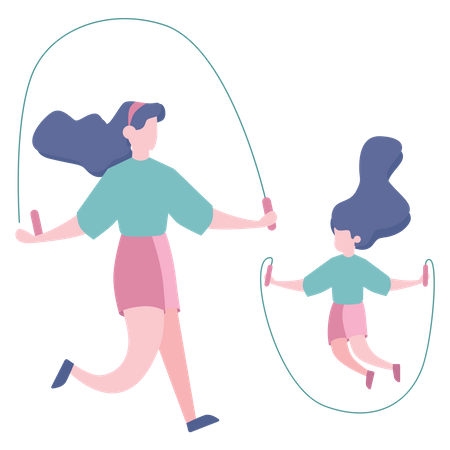 Mother and daughter jumping skipping rope Illustration