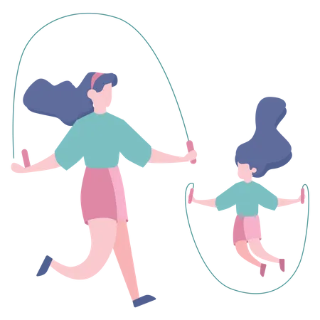 Mother and daughter jumping skipping rope  Illustration
