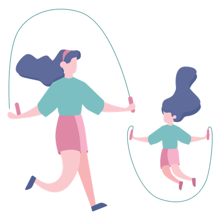 Mother and daughter jumping skipping rope  Illustration