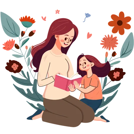 Mother and Daughter Learning Together  Illustration