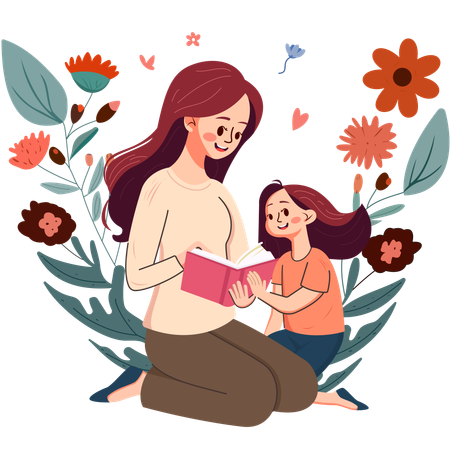 Mother and Daughter Learning Together  Illustration