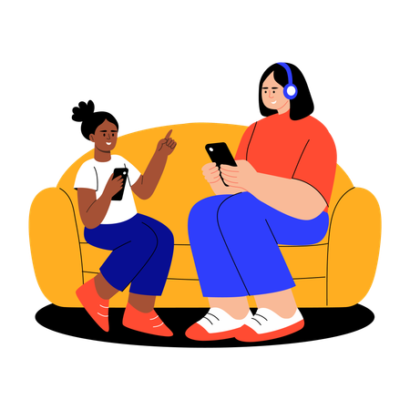 Mother and daughter listening to music  Illustration