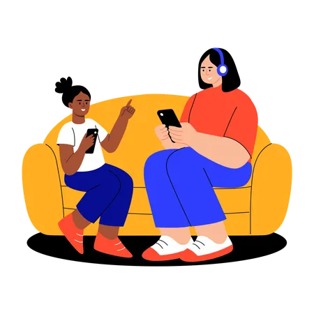 Mother and daughter listening to music  Illustration