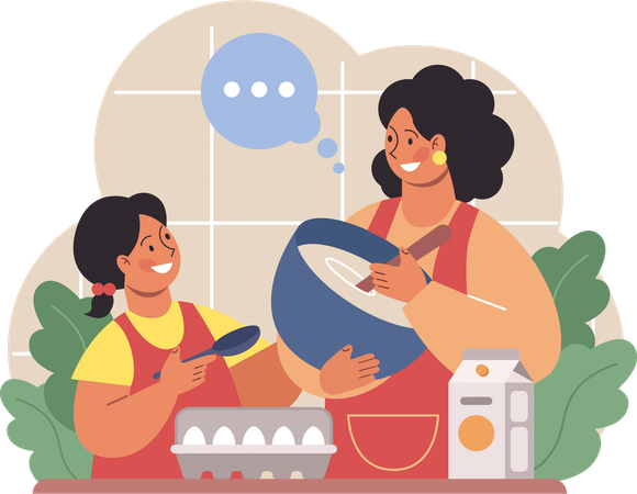 Mother and daughter making cake  Illustration