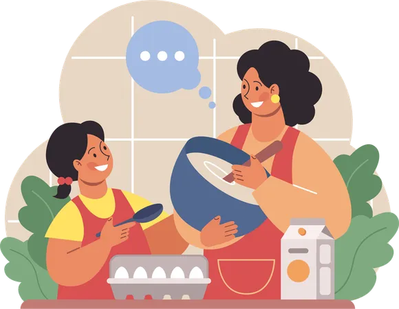 Mother and daughter making cake  イラスト