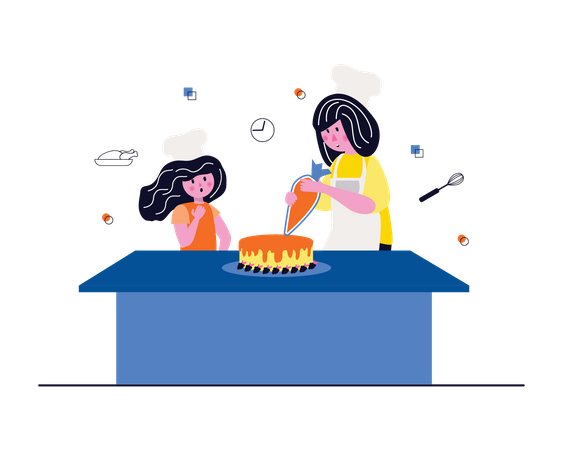 Mother and daughter making cake  Illustration