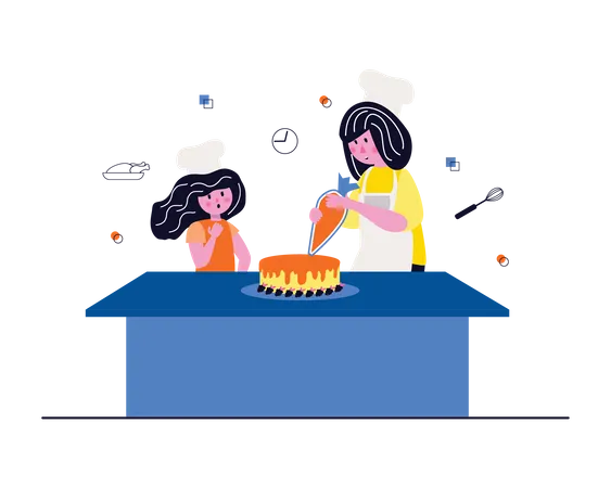 Mother and daughter making cake  Illustration