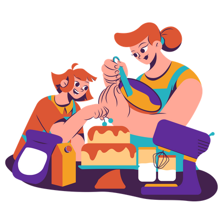 Mother and daughter making cake together  Illustration