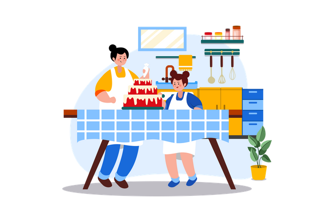 Mother and daughter making cake together  Illustration